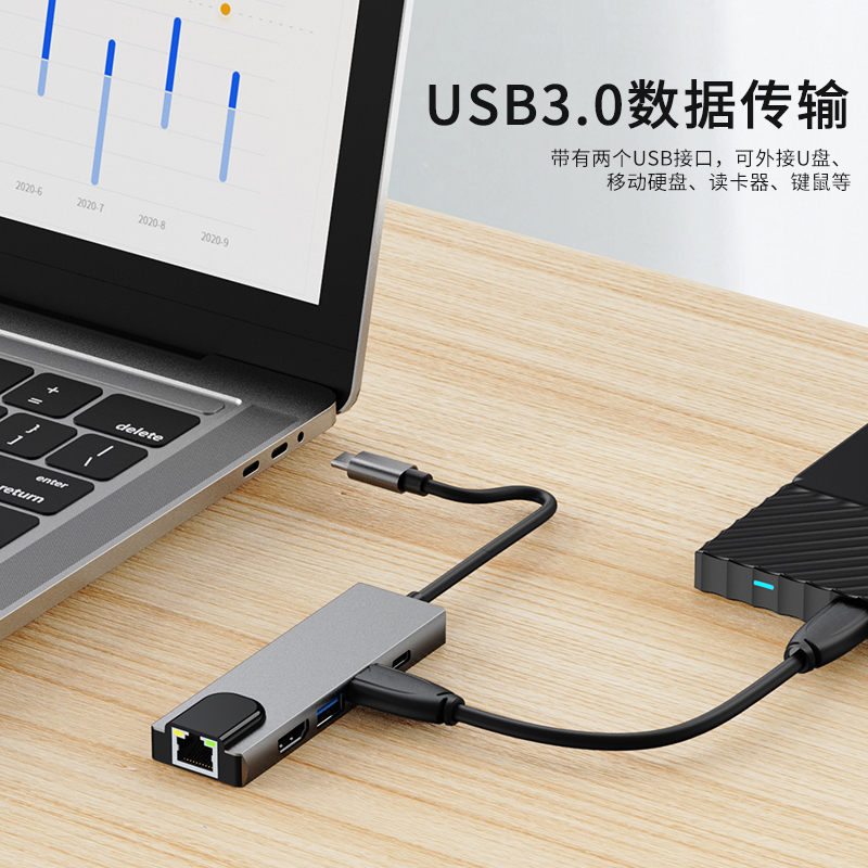 type c拓展坞usb转换器同屏 网卡笔记本五合一扩展坞