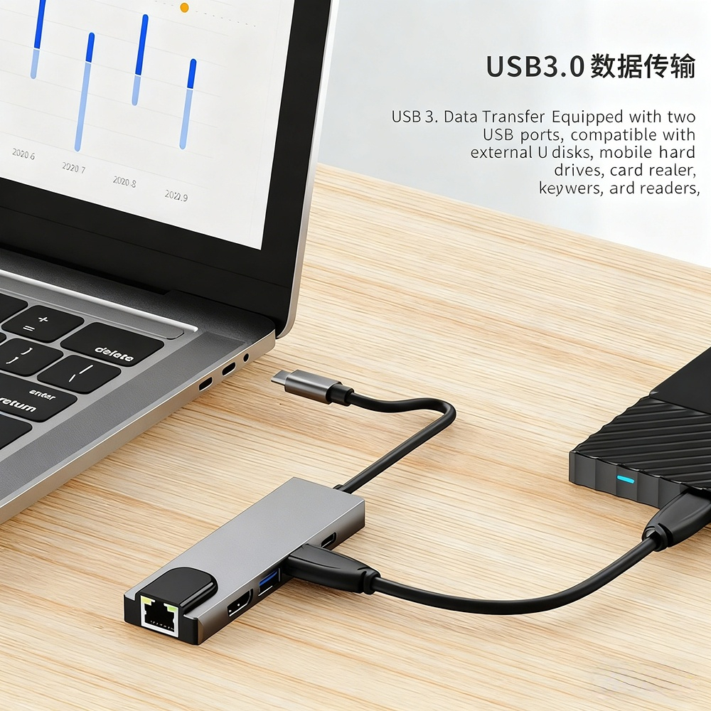 Type-C docking station, USB converter, screen mirroring, network card, laptop 5-in-1 docking station