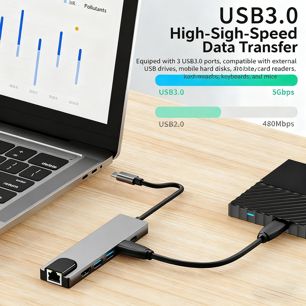 Type-C hub 3.0 network port 4K 30Hz/60Hz multi-interface expansion dock manufacturer, in stock, OEM customization available.