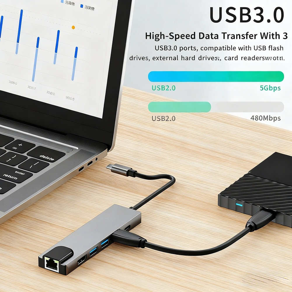 Type-C hub 3.0 network port 4K 30Hz/60Hz multi-interface expansion dock manufacturer, in stock, OEM customization available.