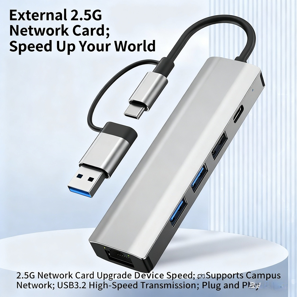 Type-C & USB 2-in-1 Gigabit Wired Network Adapter — External 2.5Gbps Ethernet Adapter for Laptops and Tablets