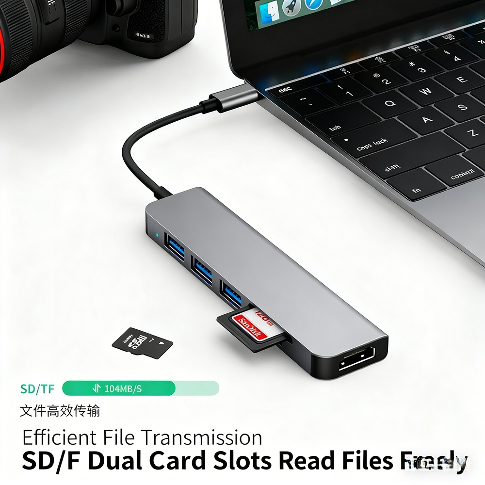 6-in-1 USB-C Docking Station with Card Reader — Compatible with Huawei and Apple Computers, Supports PD Fast Charging