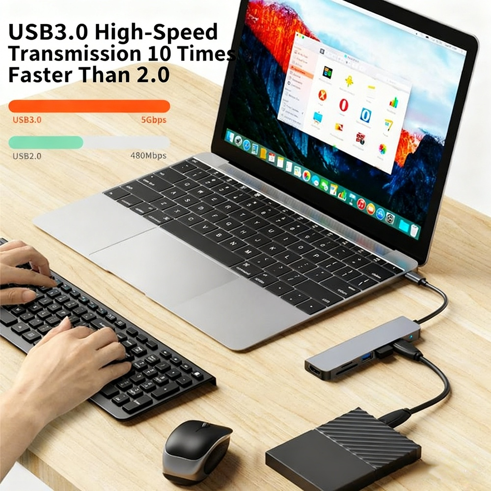 6-in-1 USB-C Docking Station with Card Reader — Compatible with Huawei and Apple Computers, Supports PD Fast Charging