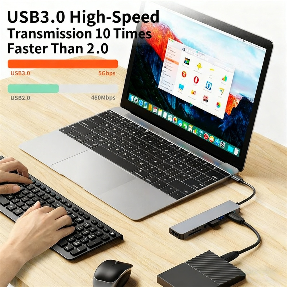 Cross-Border Type-C to USB 3.0 Hub — 7-in-1 Docking Station Converter for Tablets and Laptops