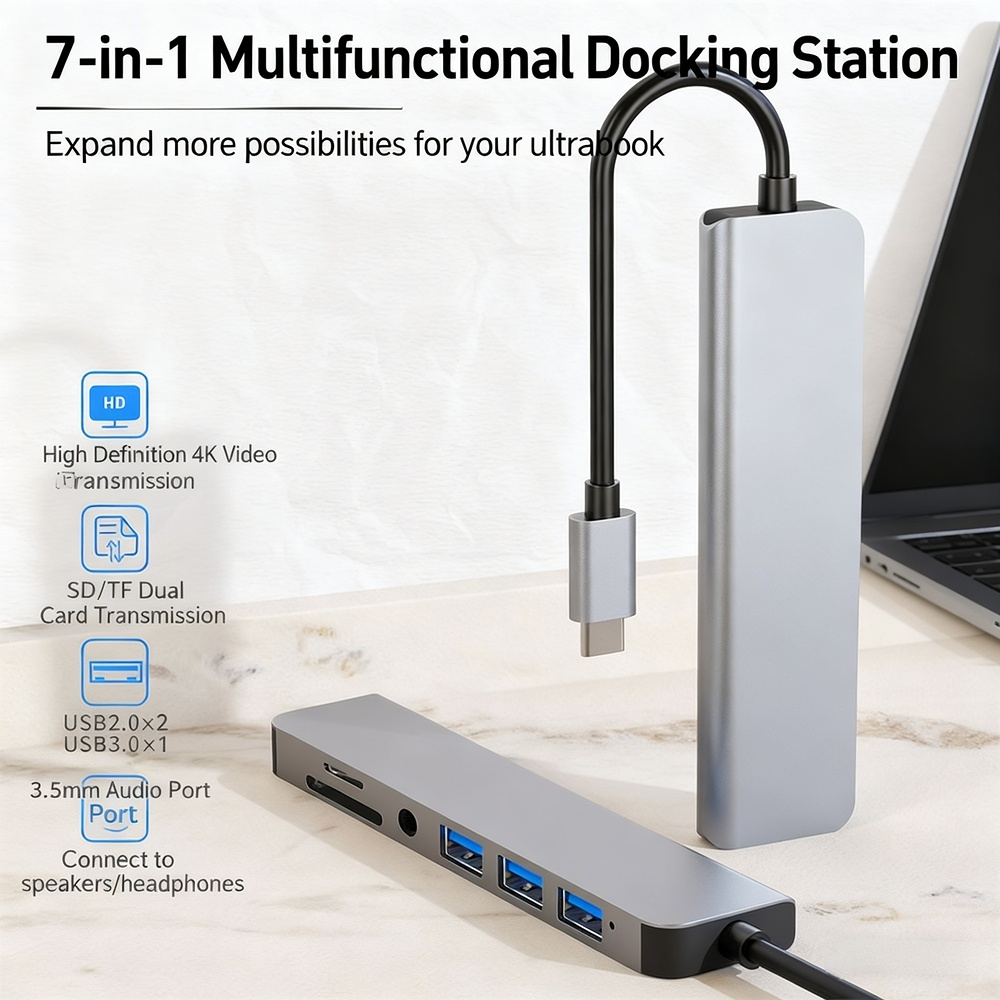 Cross-Border Type-C to USB 3.0 Hub — 7-in-1 Docking Station Converter for Tablets and Laptops