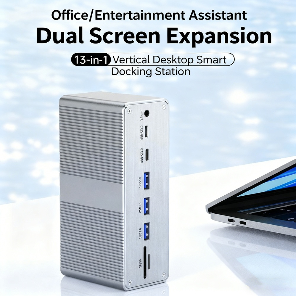 Type-C docking station, gigabit 4K vertical docking station, 13-in-1, factory stock, OEM customization available.