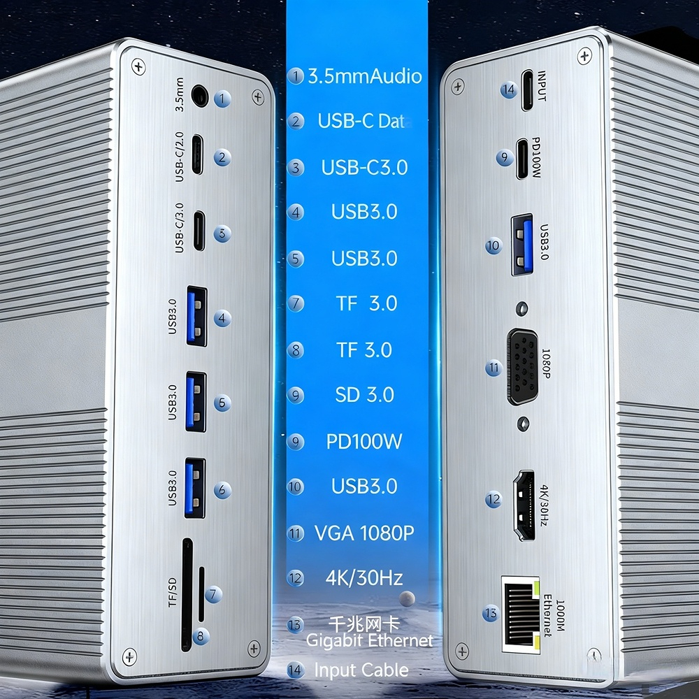 Type-C docking station, gigabit 4K vertical docking station, 13-in-1, factory stock, OEM customization available.