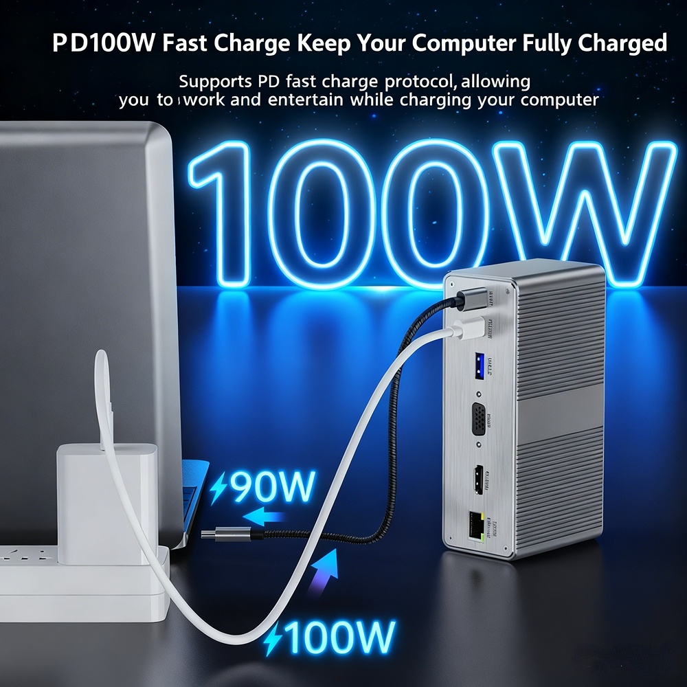 Type-C docking station, gigabit 4K vertical docking station, 13-in-1, factory stock, OEM customization available.