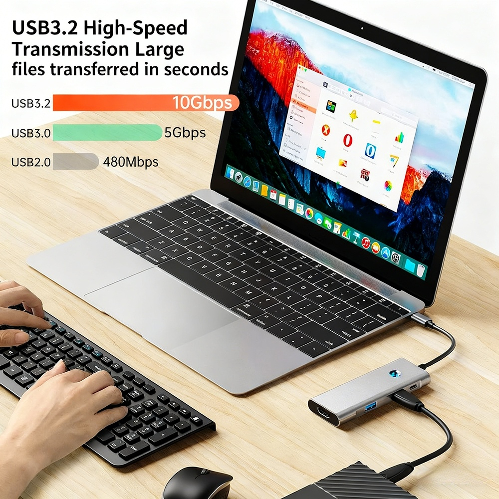 TYPE-C docking station 3.2 4K 60Hz, one-click screen-off, 7-in-1 laptop docking station with multiple interfaces