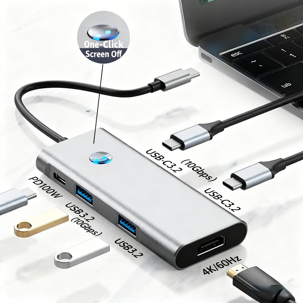 TYPE-C docking station 3.2 4K 60Hz, one-click screen-off, 7-in-1 laptop docking station with multiple interfaces