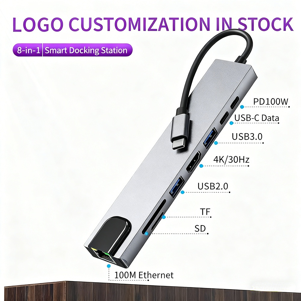 New Type-C docking station, USB converter, screen mirroring, network card, laptop 8-in-1 docking station