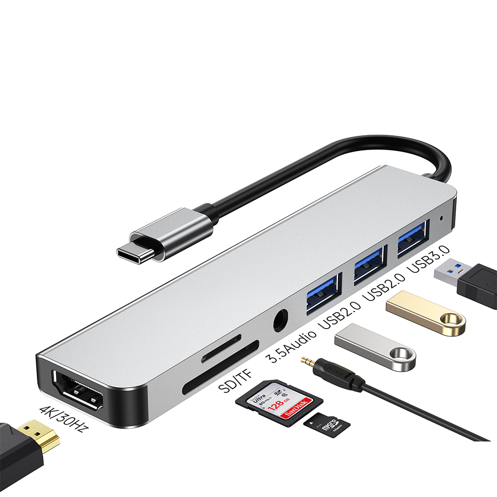 Cross-Border Type-C to USB 3.0 Hub — 7-in-1 Docking Station Converter for Tablets and Laptops
