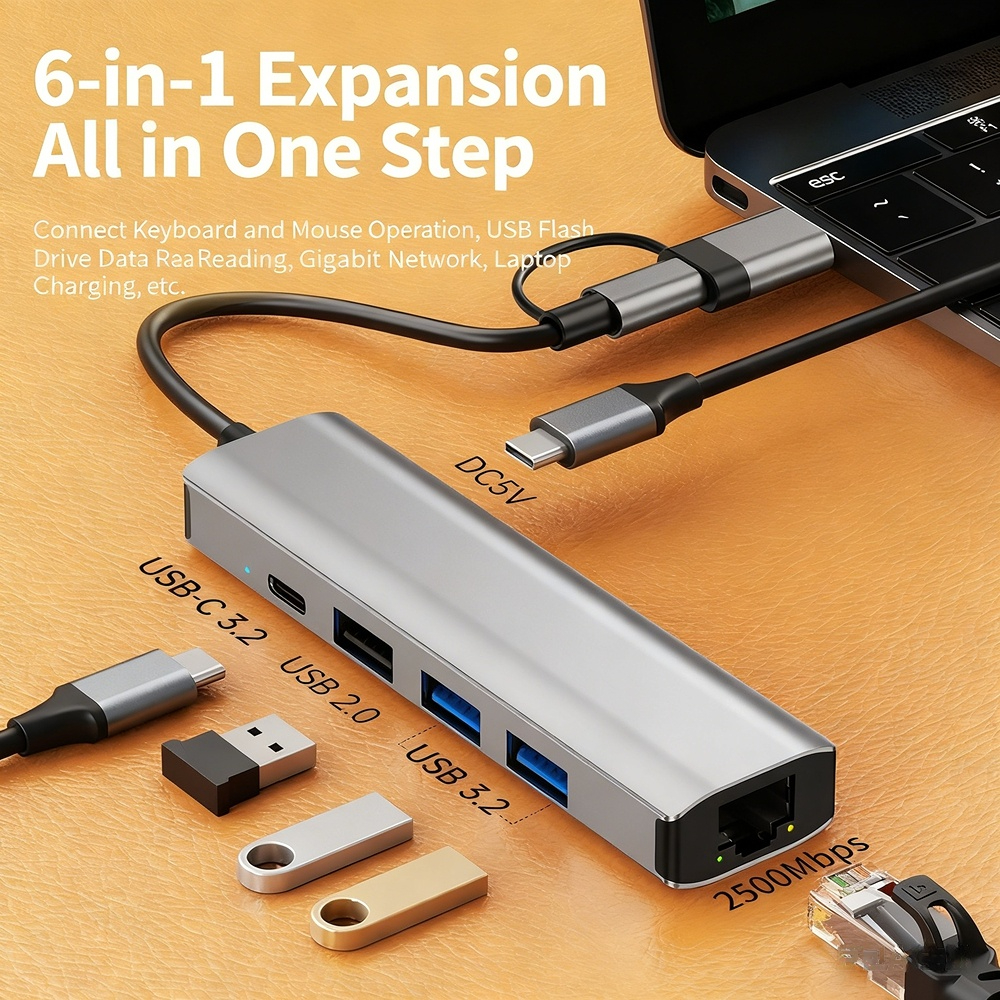 Type-C & USB 2-in-1 Gigabit Wired Network Adapter — External 2.5Gbps Ethernet Adapter for Laptops and Tablets