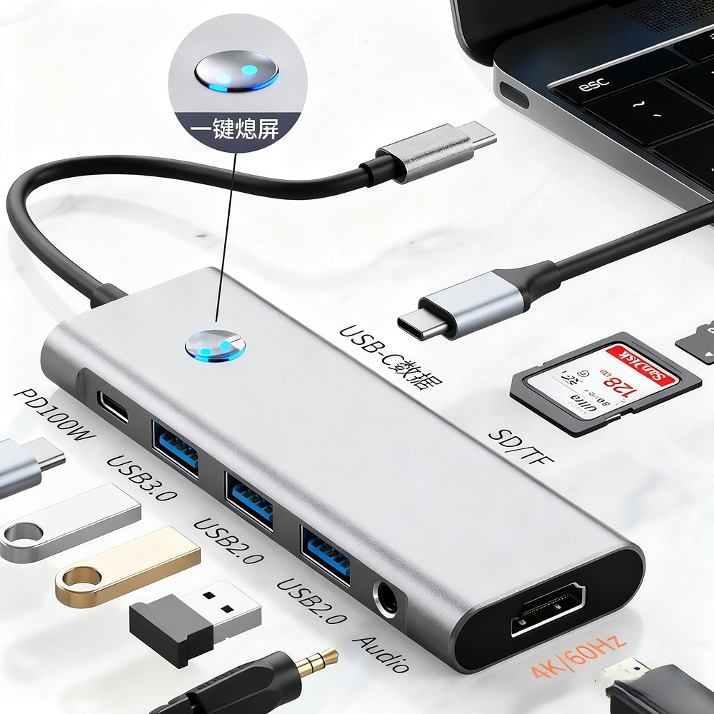USB docking station Type-C 4K 60Hz screen mirroring with one-click screen off. Factory OEM customization available. 48-hour delivery.
