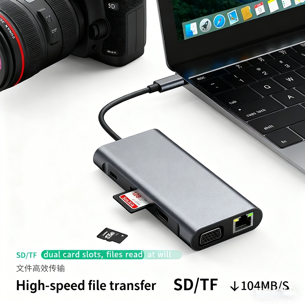 Type-C expansion adapter compatible with Huawei laptops, Apple MacBook Pro computers, and USB converters.