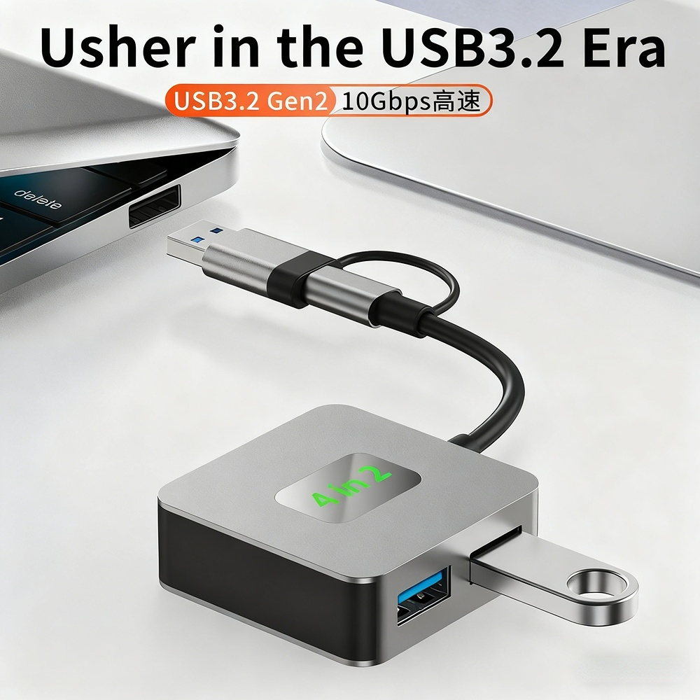 Type-C 3.2 hub, Gen2 laptop hub, 1-to-4 2-in-1 10Gbps splitter