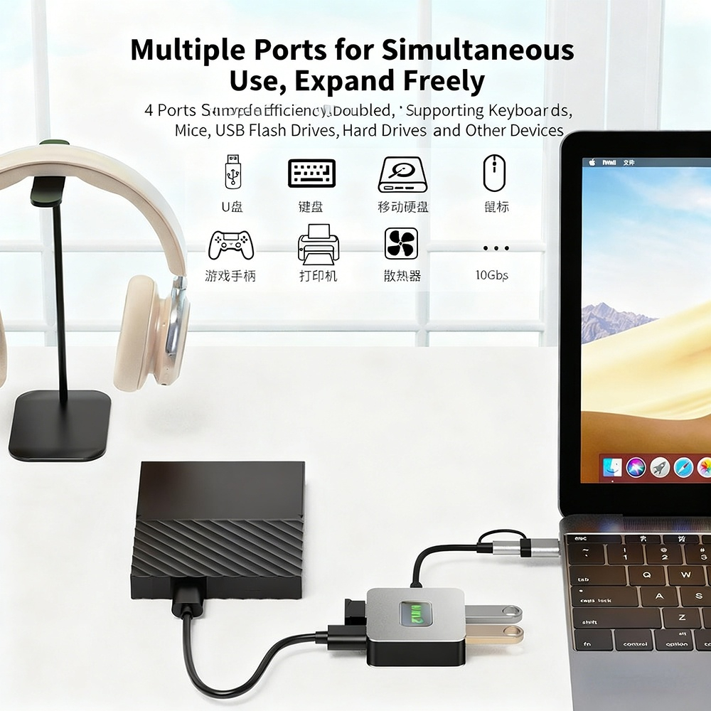 Type-C 3.2 hub, Gen2 laptop hub, 1-to-4 2-in-1 10Gbps splitter