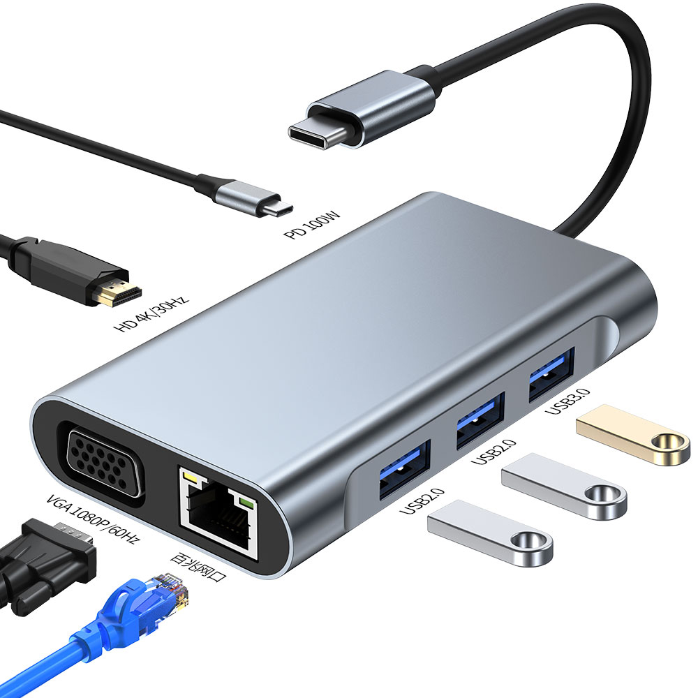 7-in-1 USB Hub for Laptops, Compatible with Apple MacBook Type-C Dock, Multiple Interfaces