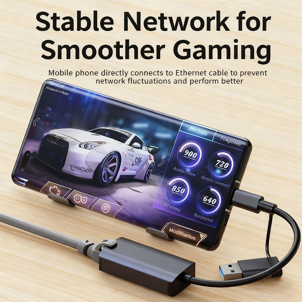 USB to Ethernet to Type-C adapter, RJ45 compatible with mobile phones, routers, and Nintendo Switch gigabit network cards.