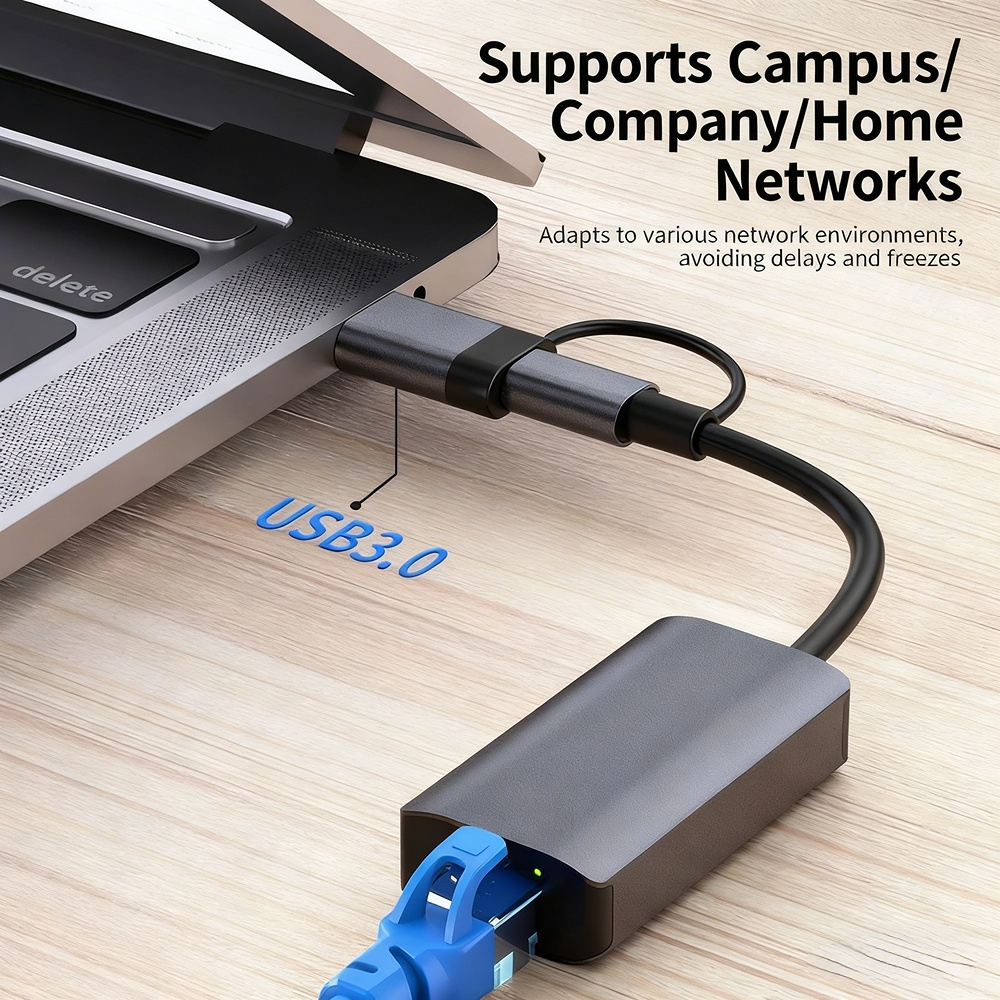 USB to Ethernet to Type-C adapter, RJ45 compatible with mobile phones, routers, and Nintendo Switch gigabit network cards.