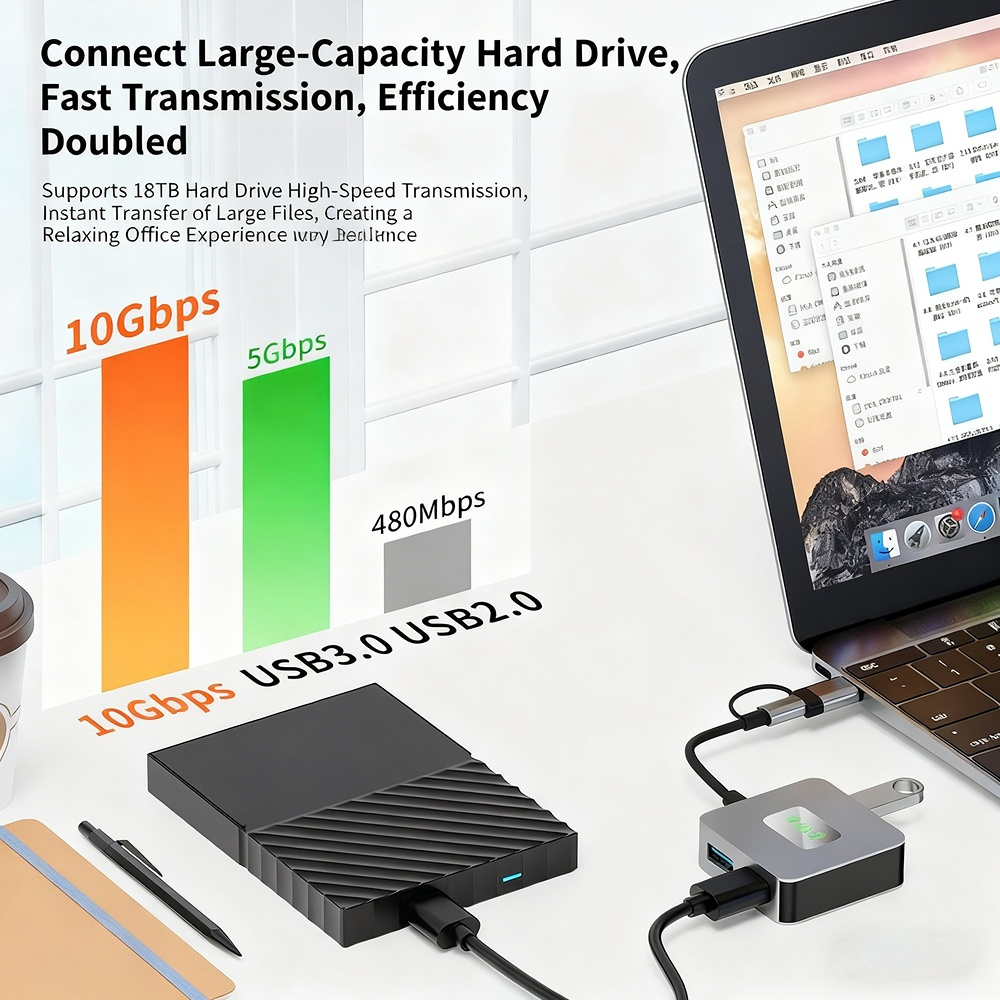 Type-C 3.2 hub, Gen2 laptop hub, 1-to-4 2-in-1 10Gbps splitter