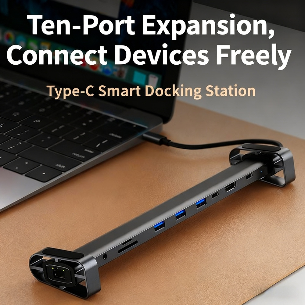 Hub 3.0 Multi-Port Extender Laptop Dock Folding Stand 10-in-1 Type-C Expansion Dock