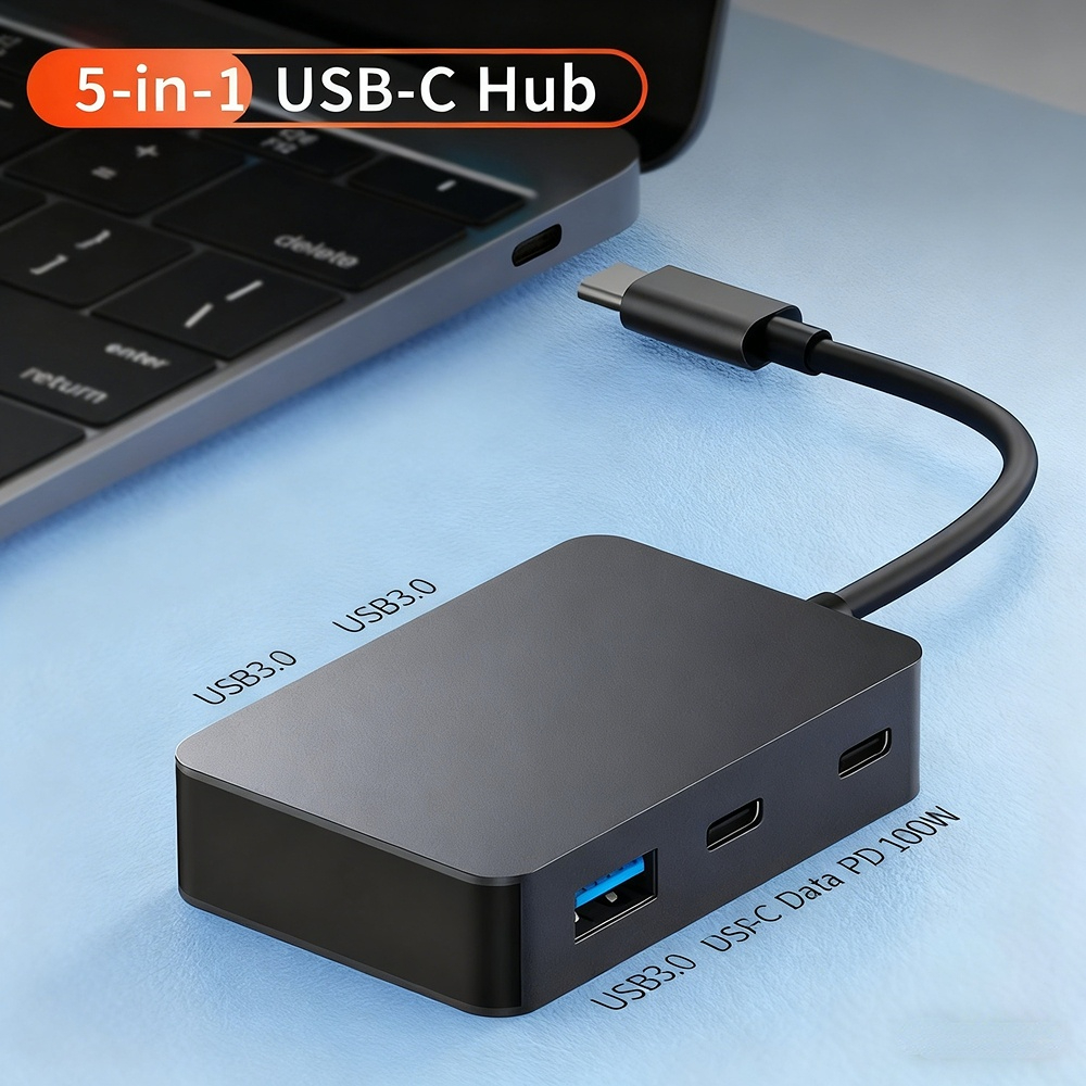 PD100W Fast Charging Type-C Splitter, USB 3.0 Hub, 1-to-5 Laptop Hub