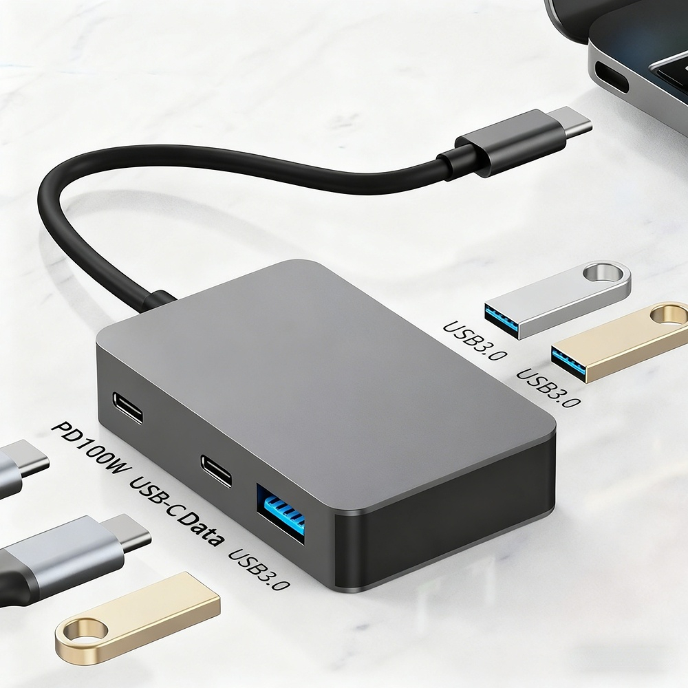 PD100W Fast Charging Type-C Splitter, USB 3.0 Hub, 1-to-5 Laptop Hub