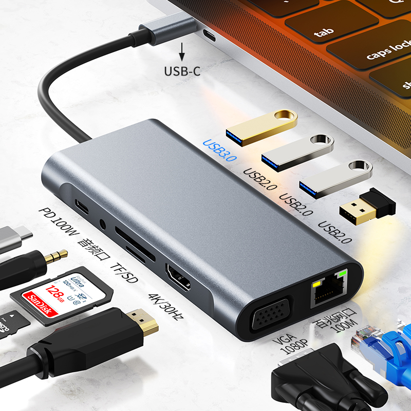 Type-C expansion adapter compatible with Huawei laptops, Apple MacBook Pro computers, and USB converters.