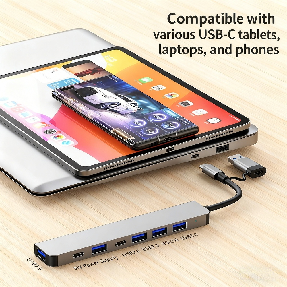 Type-C hub, 7-port 8-in-1 hub/splitter, factory stock available, OEM customization supported.