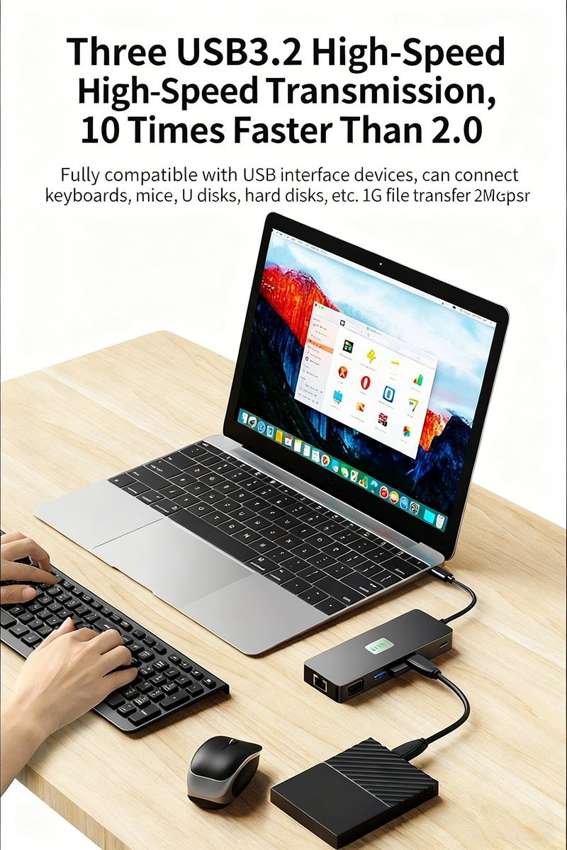 High-definition 4K 60Hz screen mirroring, 9-in-1 USB 3.0 Ethernet port, SD/TF card slot, 48-inch small Type-C expansion dock.