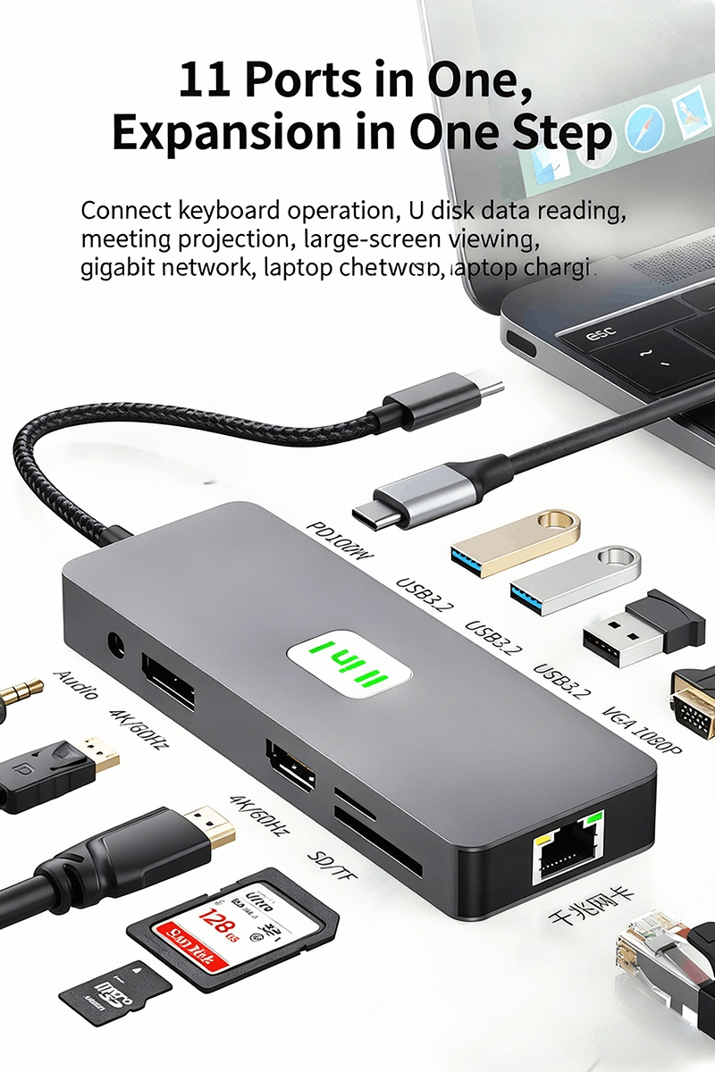 High-definition 4K 60Hz screen mirroring, 9-in-1 USB 3.0 Ethernet port, SD/TF card slot, 48-inch small Type-C expansion dock.
