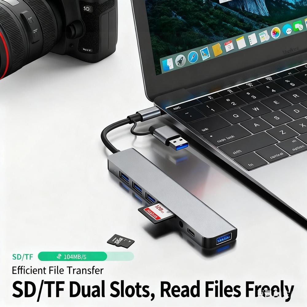 USB Type-C splitter hub, 7-8 in one, factory stock, OEM customization available, 48-hour shipping.