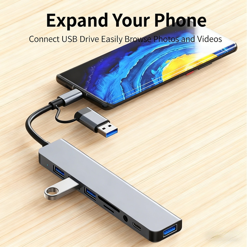 USB Type-C splitter hub, 7-8 in one, factory stock, OEM customization available, 48-hour shipping.