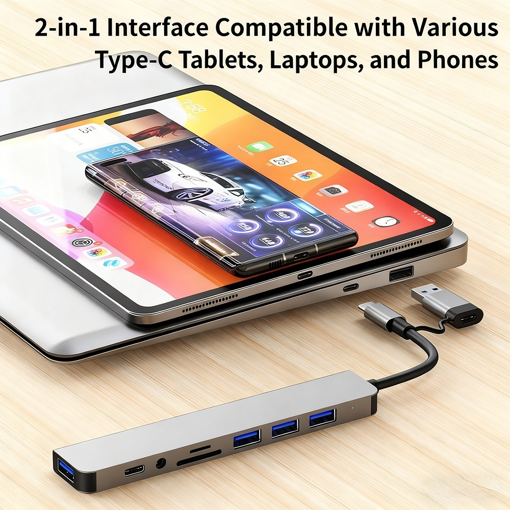 USB Type-C splitter hub, 7-8 in one, factory stock, OEM customization available, 48-hour shipping.