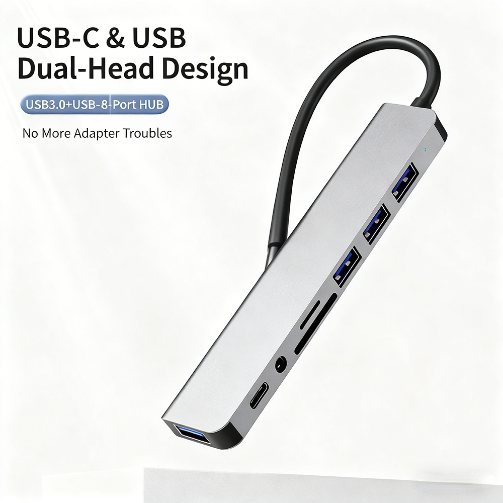 USB Type-C splitter hub, 7-8 in one, factory stock, OEM customization available, 48-hour shipping.