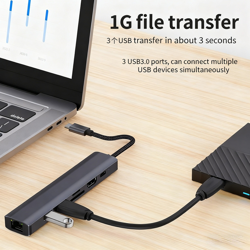 USB 3.0 Gigabit Ethernet docking station, Type-C laptop converter, 7-in-1 docking station