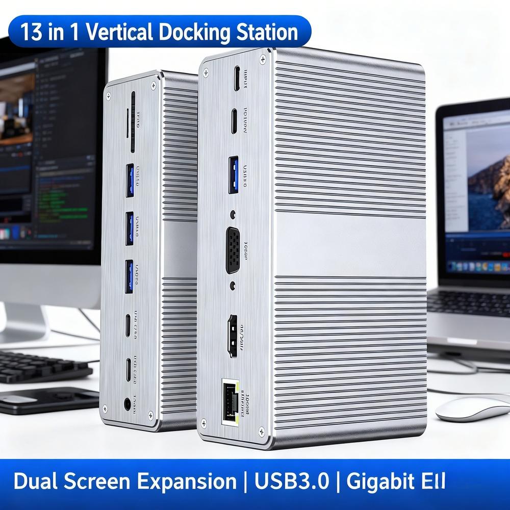 Type-C docking station, gigabit 4K vertical docking station, 13-in-1, factory stock, OEM customization available.