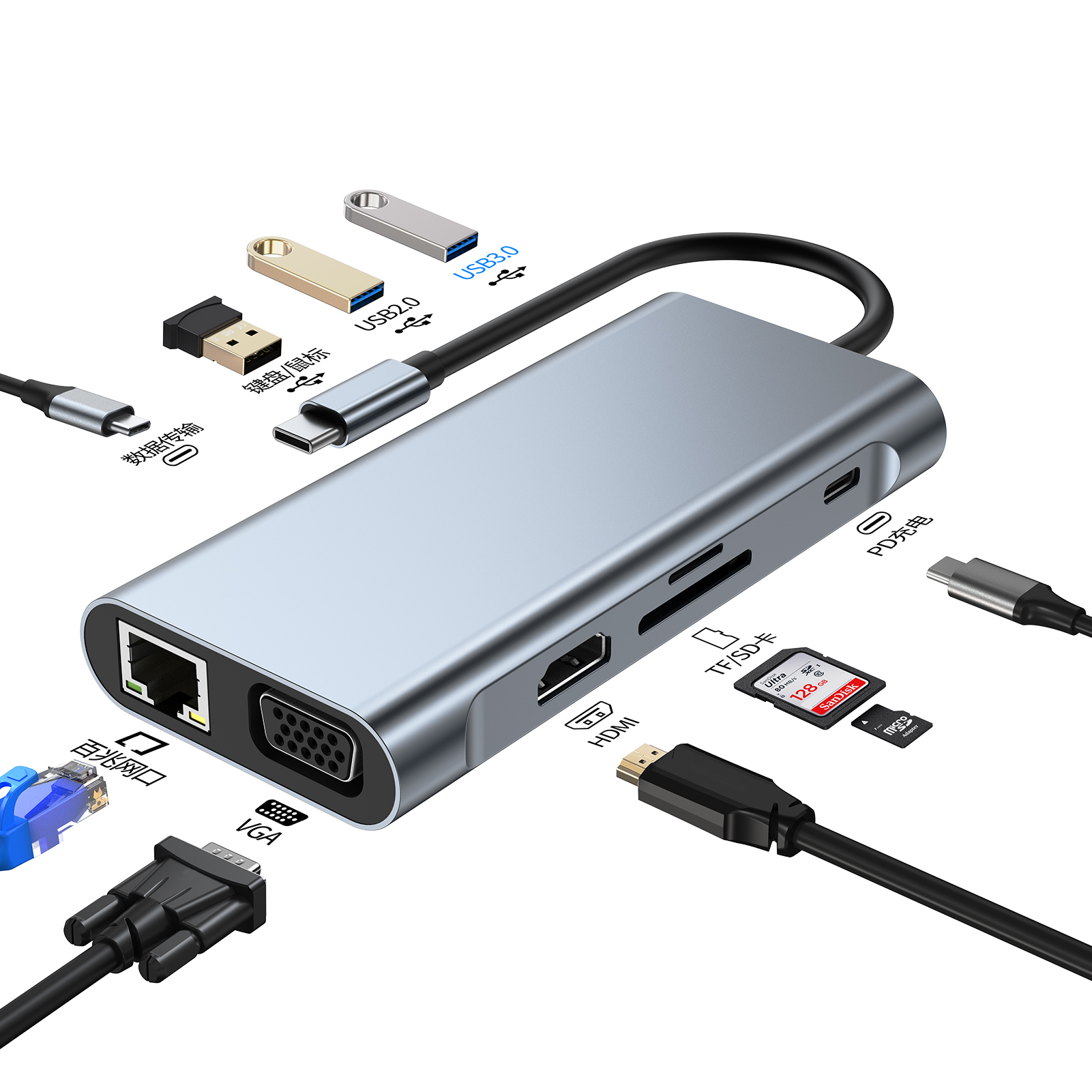 Type-C expansion adapter compatible with Huawei laptops, Apple MacBook Pro computers, and USB converters.